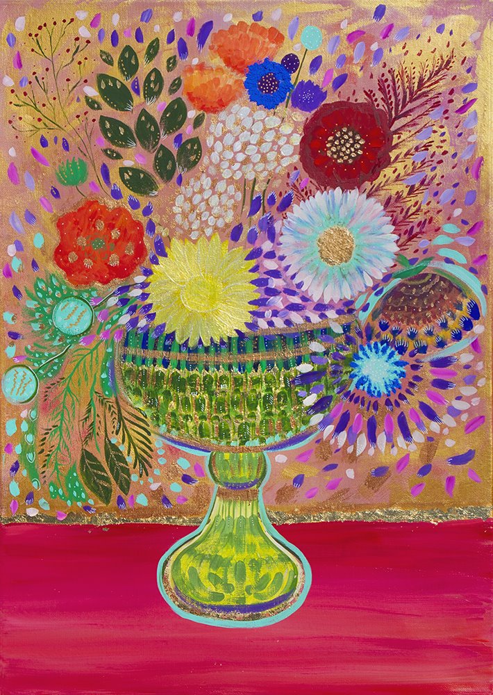 Simona Pavlović, Poljsko cveće, akrilne boje, gvaš i zlatna folija.jpg