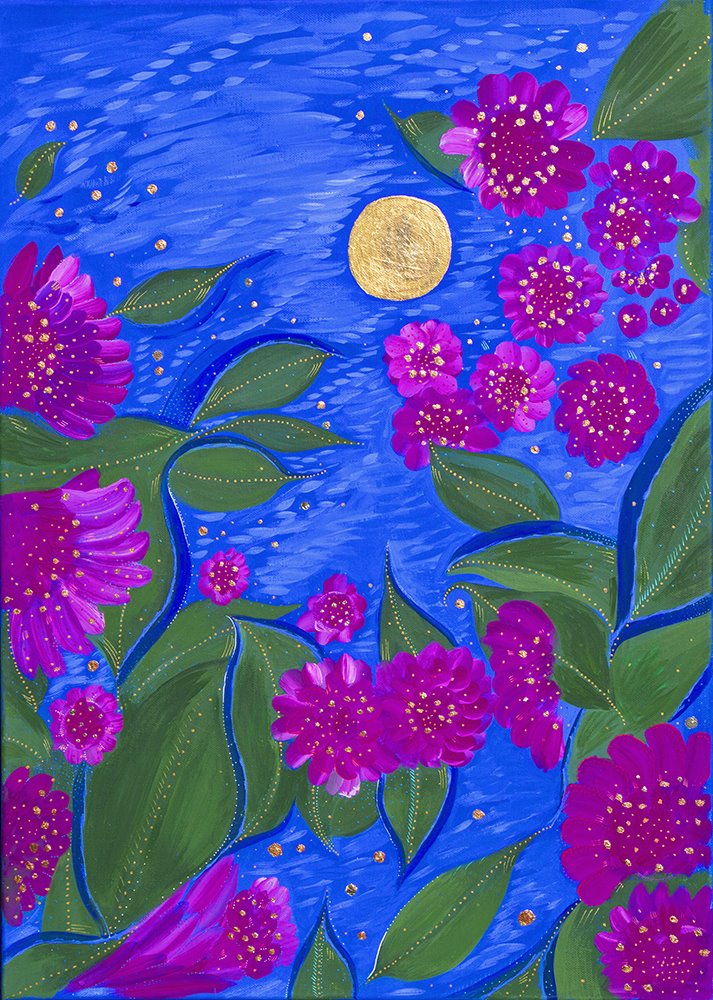 Simona Pavlović, Nokturno, Gvaš, akrilne boje i zlatna folija.jpg