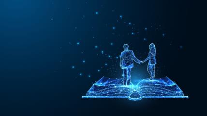 Mladić i devojka na knjizi u svemiru