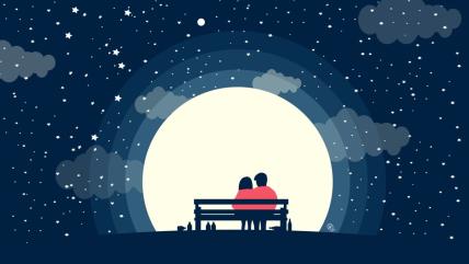 Par sedi na klupi uz pun Mesec