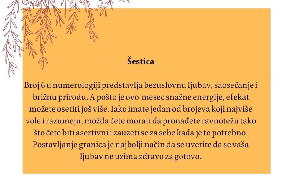 Jedinica U numerologiji broj 1 povezuje se sa nezavisnošću, rivalstvom i željom za slobodom. Međutim, pronalaženje ravnoteže može značiti da se ovog meseca morate više fokusirati na svoju vezu . Fokusiranje na one (6)